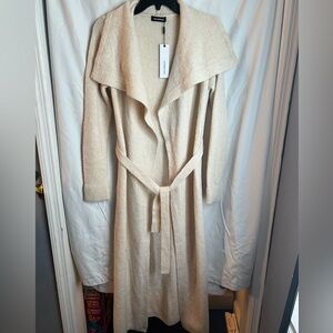 525 America Soft Cream Long belted wrap Cardigan. Merino Cashmere and Wool. NWT